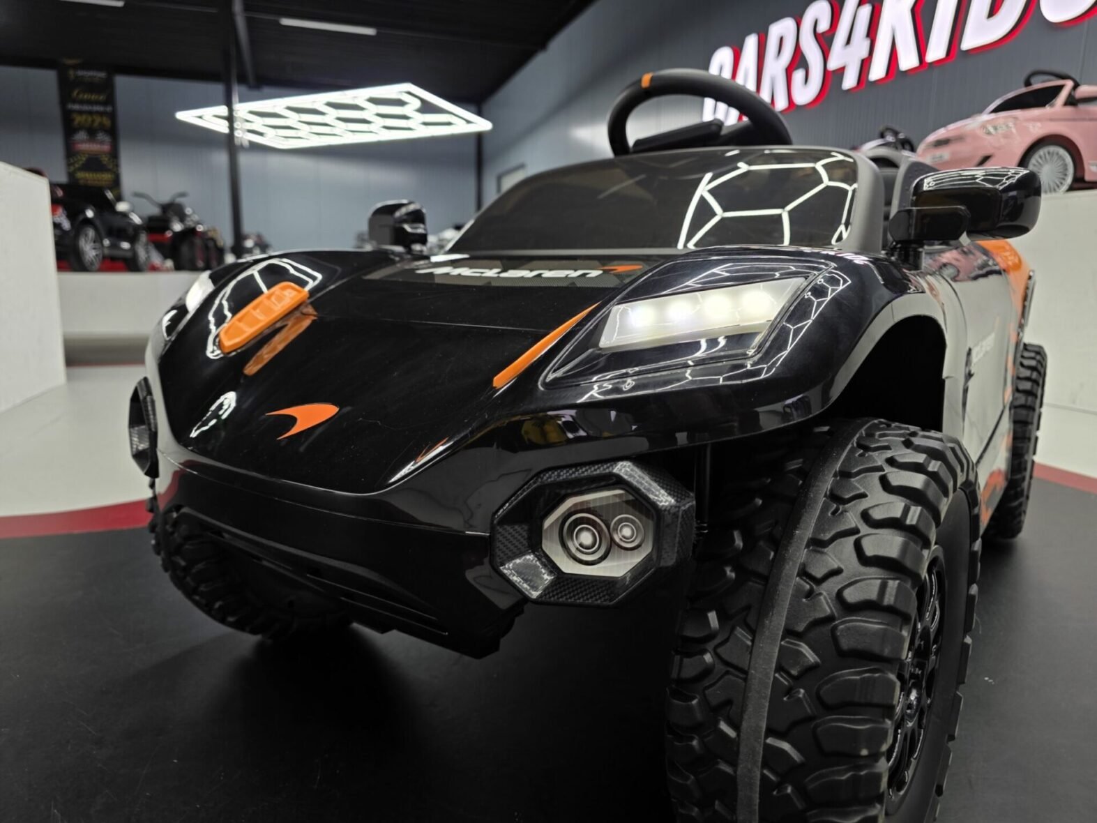 McLaren Rally kids electric car dashboard and steering wheel