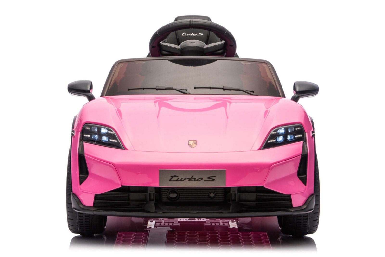 Porsche Taycan kids electric car dashboard with steering wheel and controls
