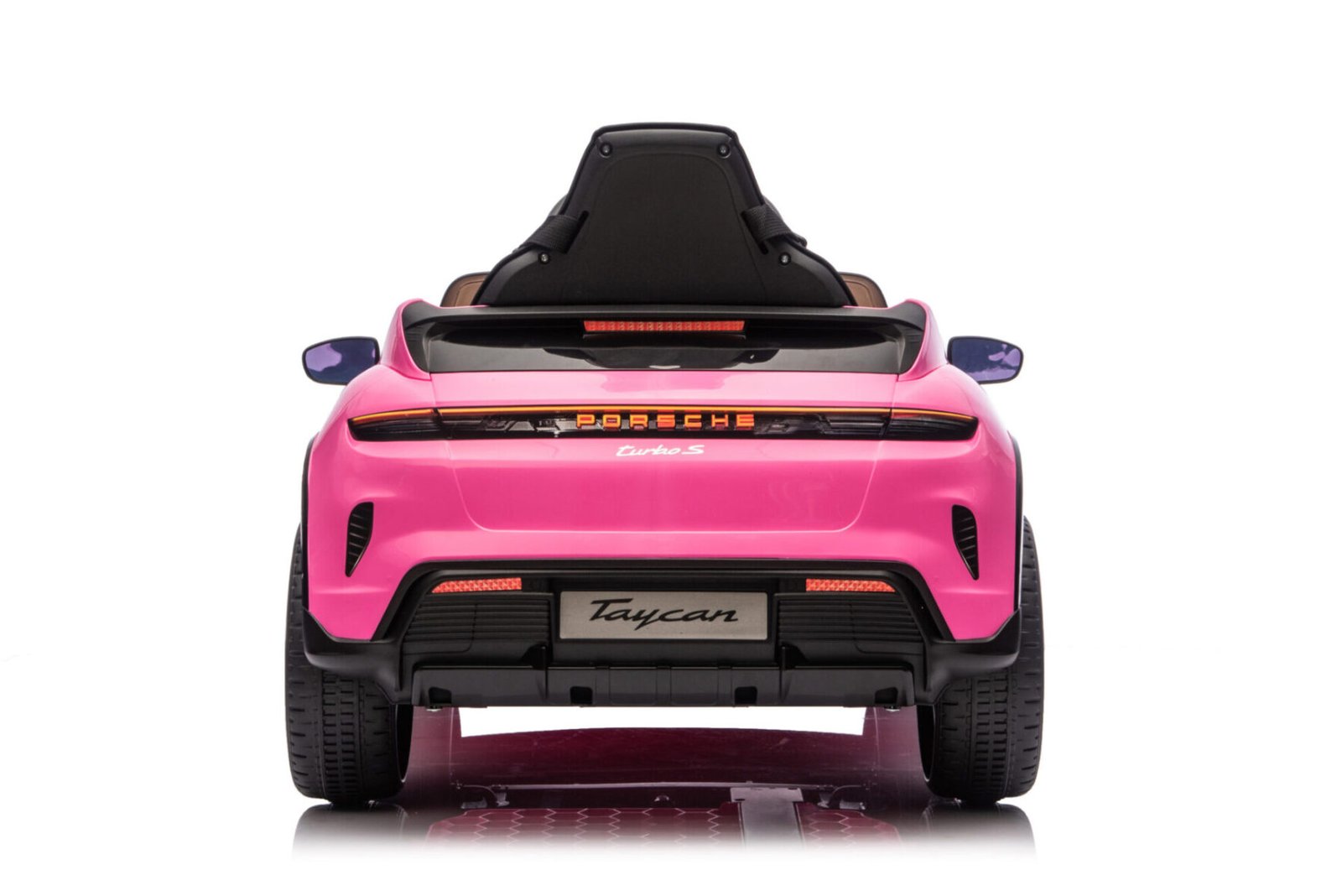Pink Porsche Taycan electric ride-on car rear view with LED lights