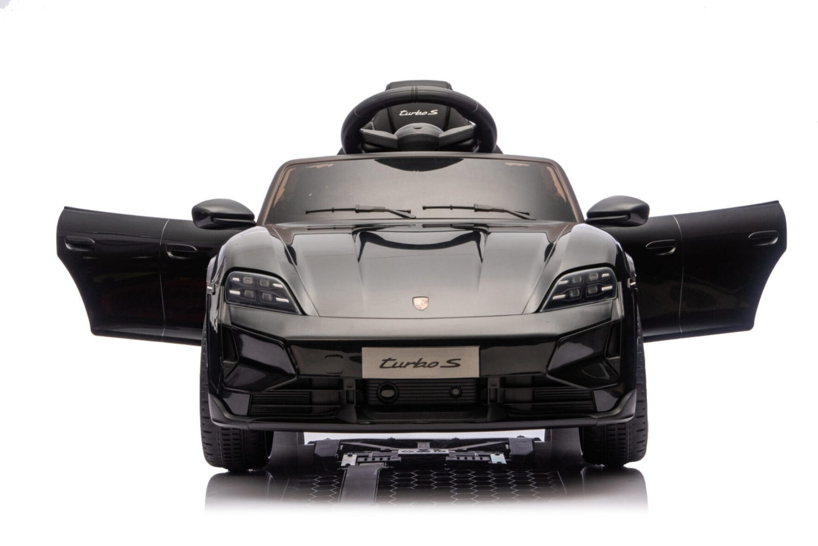 Black Porsche Taycan children’s electric car side view